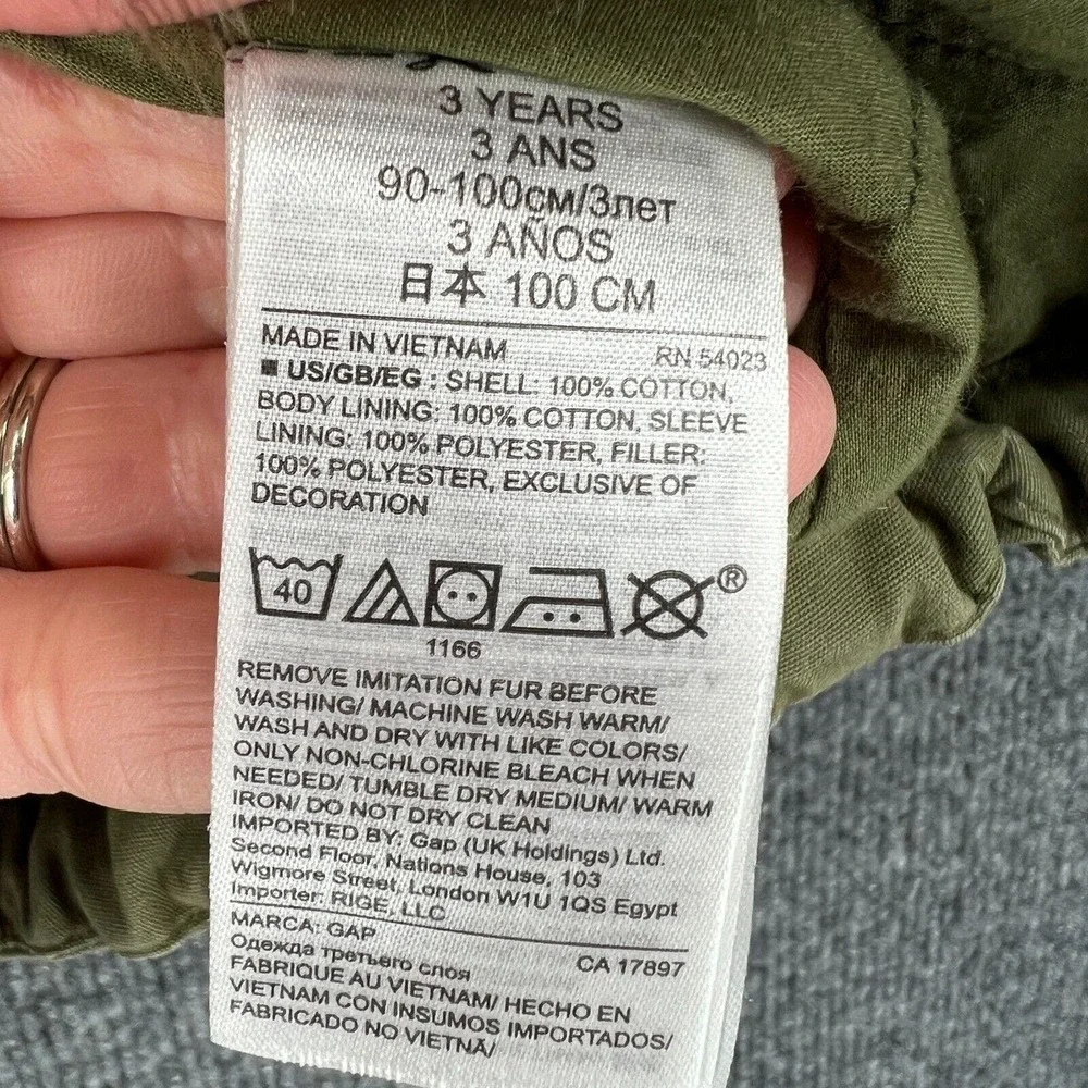 Baby Gap Girls 3T Olive Green Coat Anorak Hooded Heavyweight Removable Fur Vest